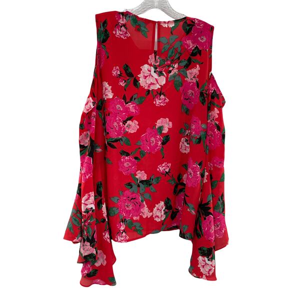 BELLE SKY Red Floral Cold Shoulder Long Bell Sleeve Loose Boho Blouse Top XXL - Picture 5 of 11